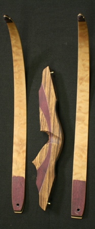 Zebra/Purple Heart Flare with quilted Maple limbs and micarta tips